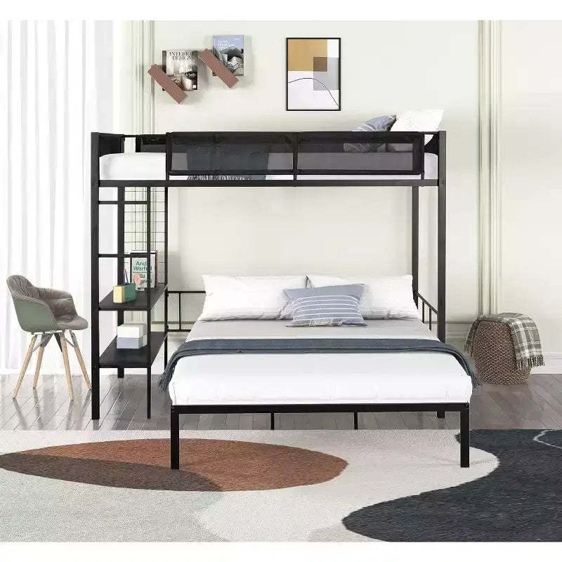 Twin Over Full Bunk Bed Frame with Grid Panel and 2-Tier Shelves, Metal Bunk Bed with Built-in Ladder and Full-Length Guardrail Black