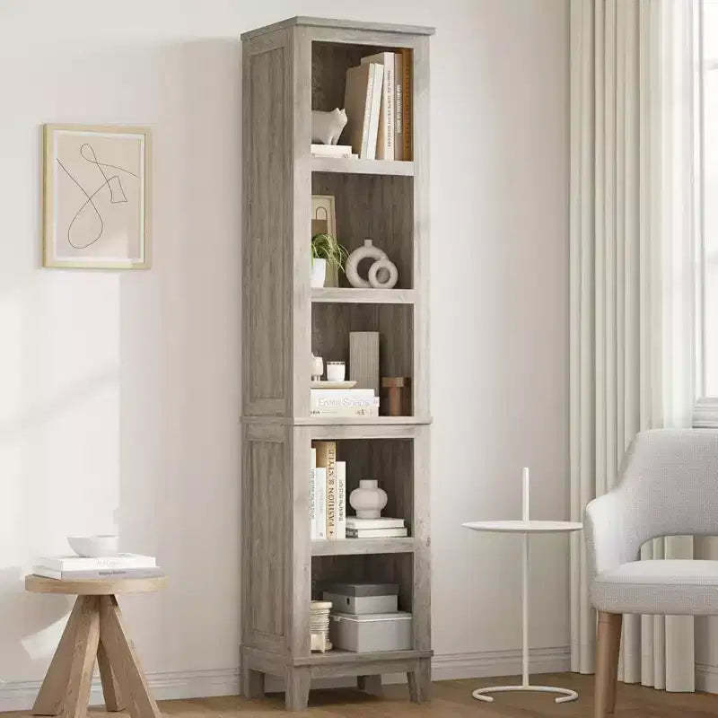 Narrow 5-layer Corner Bookshelf, Living Room Country-style Bookshelf with Wooden Legs, Grey, Suitable for Living Room and Bedroom, Space-saving