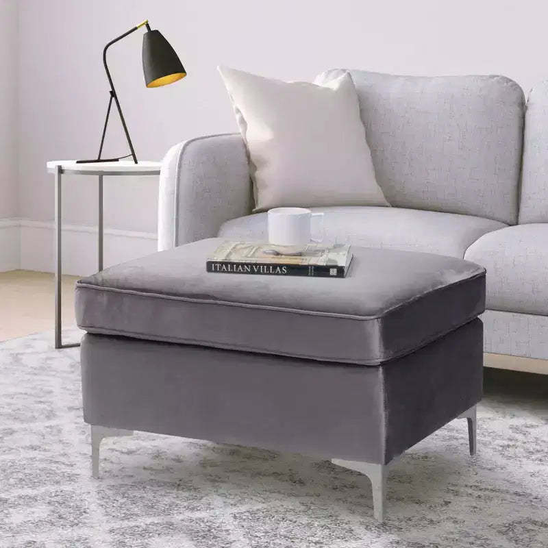 TUYOHW Luxury Velvet Accent Ottoman with Metal Legs,Contemporary Living Room Ottoman Module with High-Resilience Foam Filling,Gray
