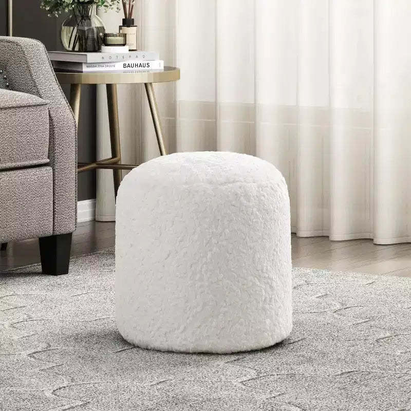 TUYOHW 17H Faux Fur Ottoman for Living Room,Round Footrest Stool Non-Slip Bean Bag Chair,300lbs Capacity,Off-White
