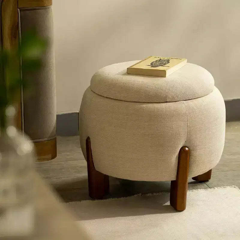 TUYOHW Handcrafted Ottoman with Mango Wood Base,Chic Round Footrest Ottoman for Bedroom & Living Room,Accent Footstool,Easy Maintenance