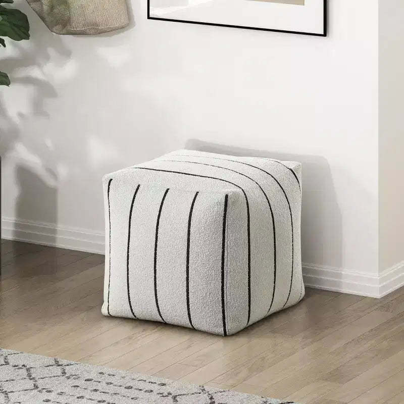 TUYOHW 16H Square Pouf,Chic Jacquard Ottoman for Living Room,Footrest Stool Non-Slip Bean Bag Chair,300lbs Capacity,White Stripes
