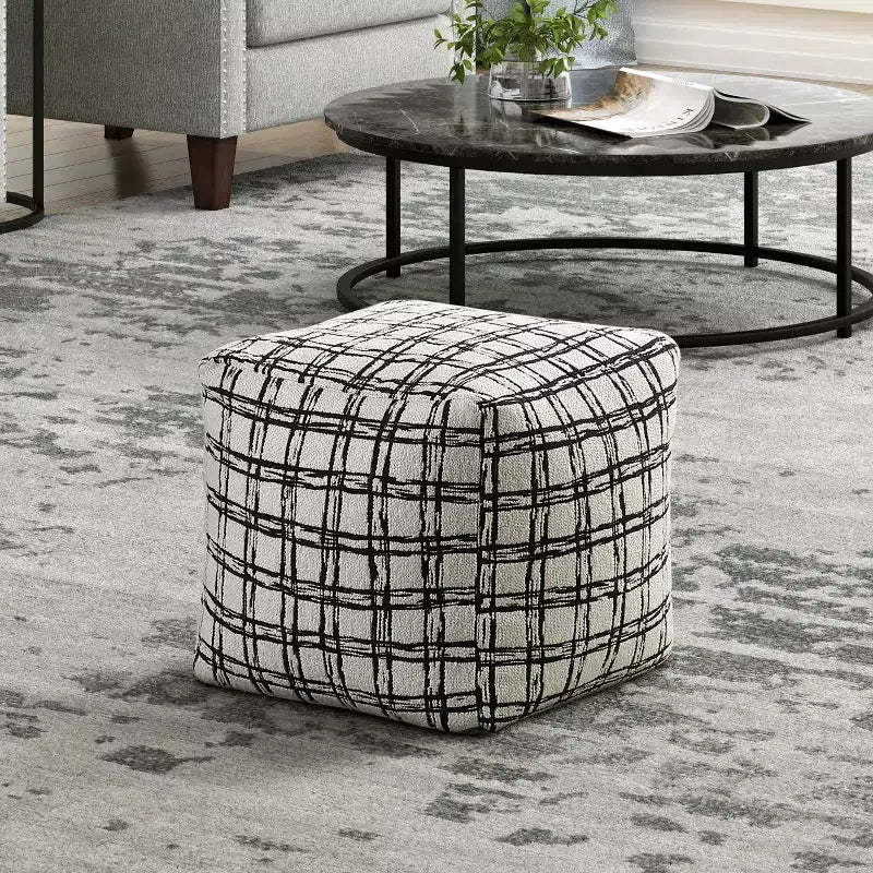 TUYOHW 16H Square Pouf Chic Jacquard Ottoman for Living Room,Footrest Stool Non-Slip Bean Bag Chair,300lbs Capacity,Black Crossed Stripes