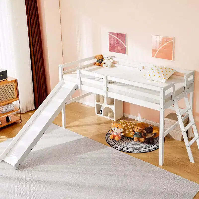 Karl Home Twin Size Wood Low Loft Bed with Slide Guardrail And Ladder