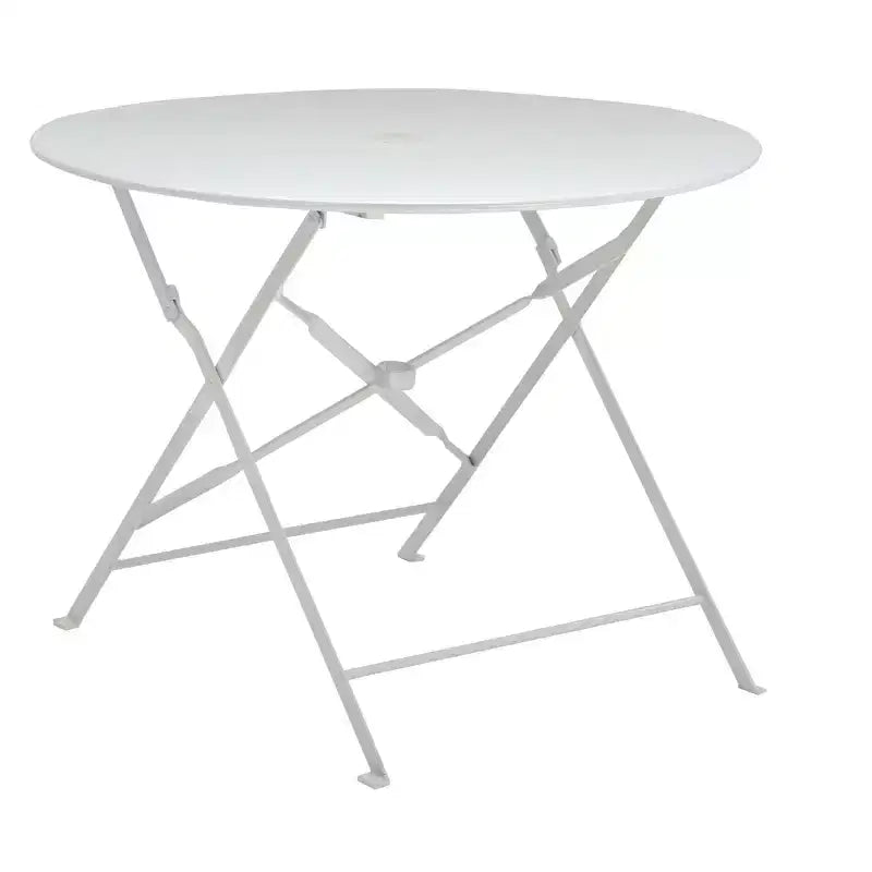 HomeRoots 36 White Rounded Aluminum Folding Outdoor Dining Table with Umbrella Hole