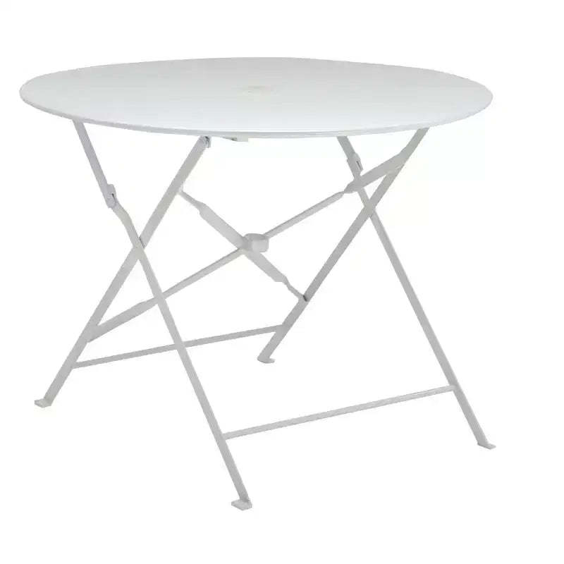 HomeRoots 36 White Rounded Aluminum Folding Outdoor Dining Table with Umbrella Hole