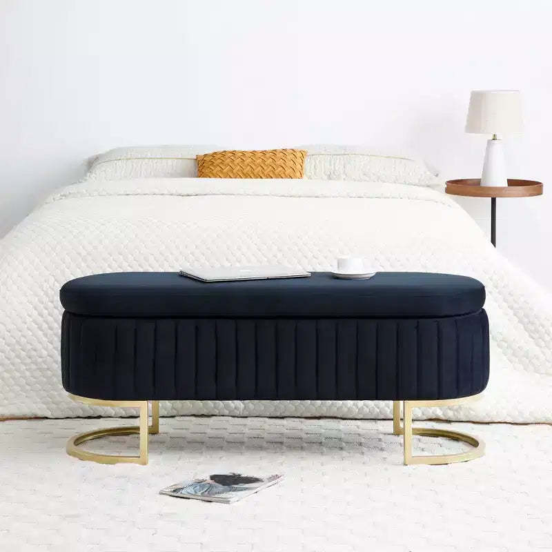 Okak 50IN Oval Storage Ottoman with Golden Metal Legs, Upholstered Entryway Bench, End Of Bed Storage Bench for Bedroom, Living Room