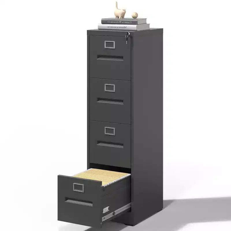 VIYET 52H 4-Drawer Narrow Metal Vertical File Cabinet with Lock, Black Steel Filing Cabinet for Home Office, Fits A4/Legal/Letter (Assembly Required)
