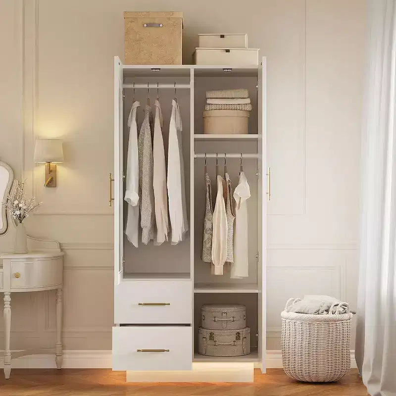 COZONY White Armoires, 2 Door Storage Cabinet with Glass Door and Drawers, Tall Wooden Organizer with Hanging Rods