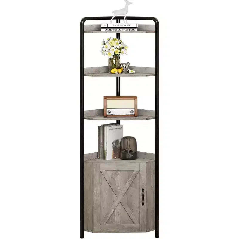 Corner Shelf, Bookcase, Standing Shelf, File Shelf, Wall Shelf, 3 Shelves and Storage Cabinet, MDF + Metal, Sonoma Grey, 60 x 42 x 180 cm