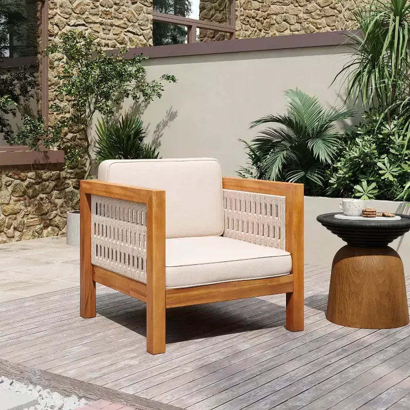 Christopher Knight Home Maya Boho Patio Acacia Wood Club Chair with Armrest and Cushions