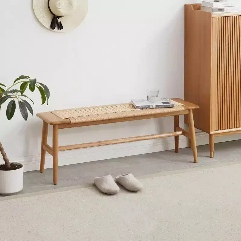 MAYEERTY Solid Oak Wood Bench with Handwoven Cane Seat - for Dining Room, Bedroom & Entryway