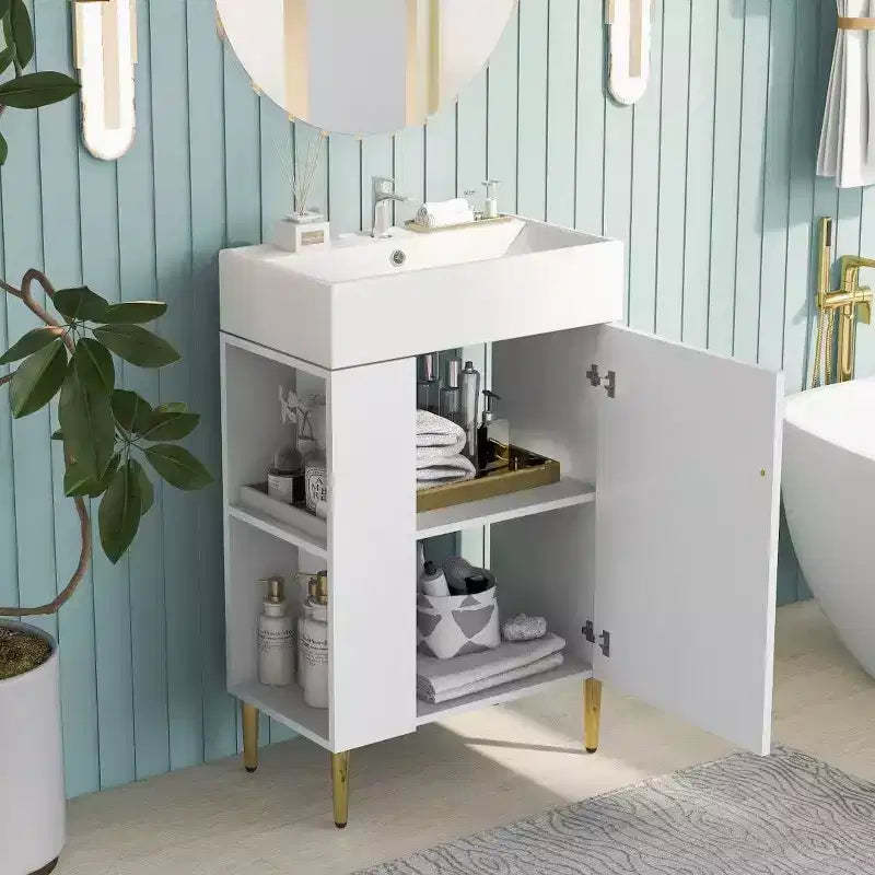 21.6 White Ceramic + MDF Bathroom Vanity with Single Sink & Side Storage | Bathroom Storage Cabinet