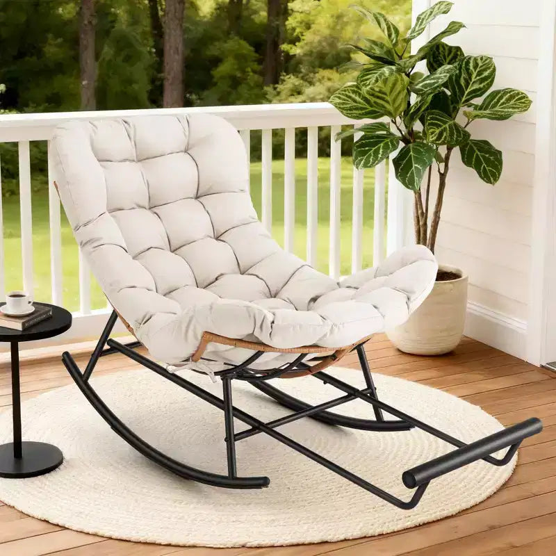 Acekool Rattan Rocking Chair with Footrest, Detachable Thick Cushion, Reading Chair for Living Room Porch Bedroom