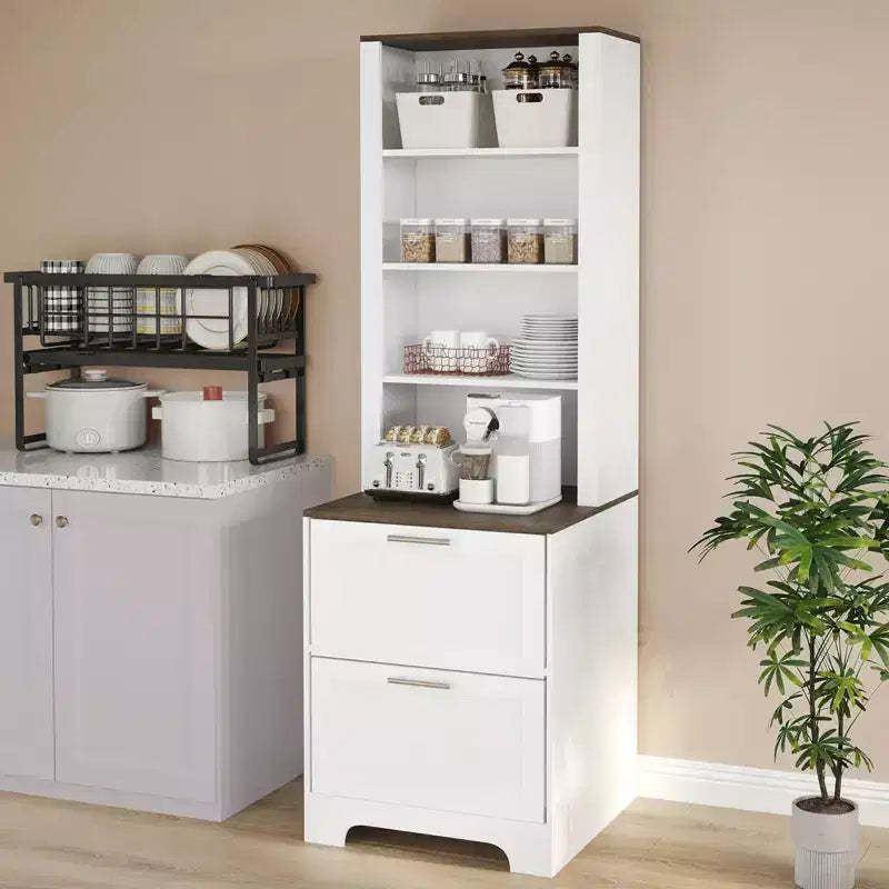 GustoWave 72 Tall Bookcase with 2 File Drawers, Modern 5-Tier Wood Bookshelf with Adjustable Shelves for Home Office, Living Room, White