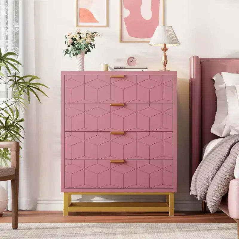 Pink Dresser for Bedroom, 4 Drawer Wooden Dresser with Gold Handles, Modern Storage Dressers & Chests of Drawers for Hallway, Entryway