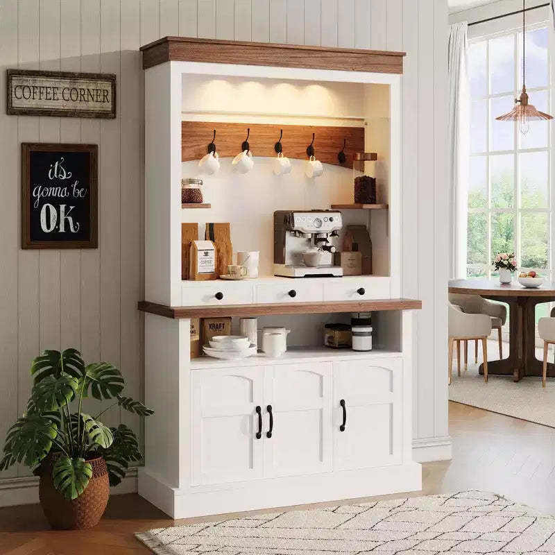 Farmhouse Coffee Cabinet - 72'' Tall with LED Lights, Doors/Drawer, Adjustable Shelves, Ample Storage for Kitchen/Dining Room