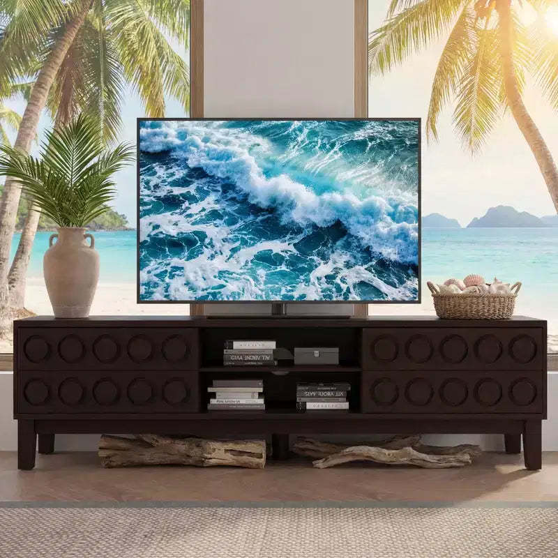 JVNOXK Modern Mid-Century Media Console with 4 Drawers,Cable Management, TV Console Table for TVs up to 75,for Living Room,Office(Dark Brown)