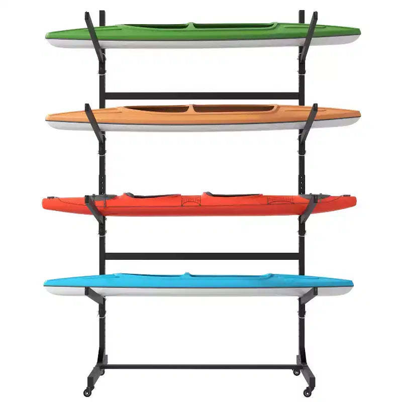 VIYET 80H Freestanding Kayak Storage Rack, Heavy-Duty Adjustable Stand with Lockable Wheels, Holds 4 Kayaks/Canoe/SUP/Surfboard (Black)