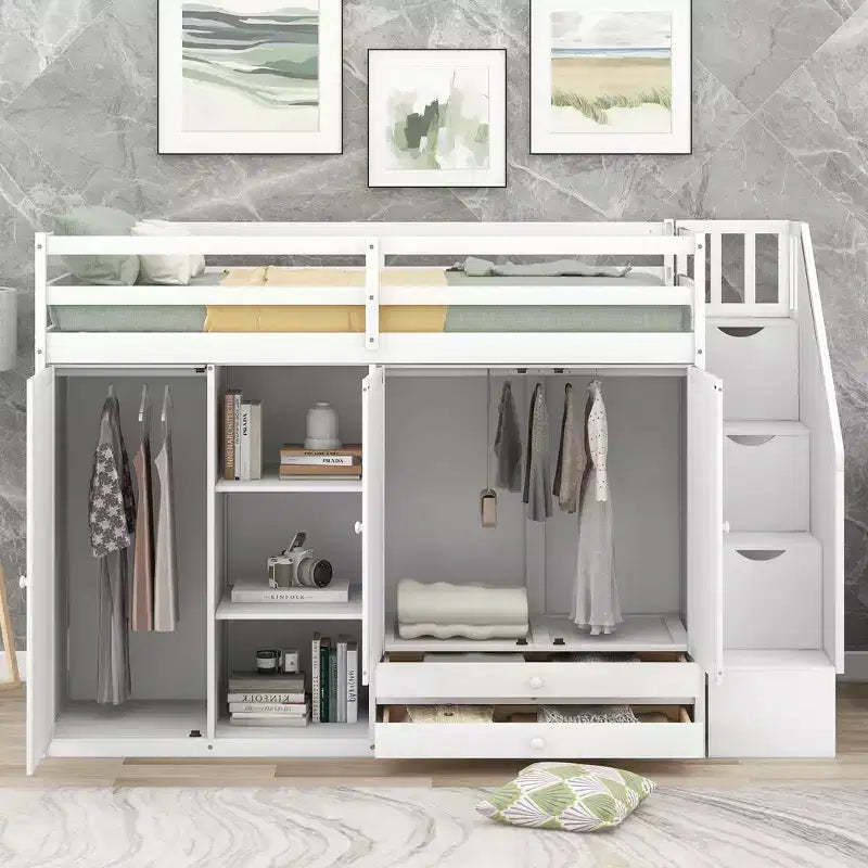 GDFStudio Duke Loft Bed with 3 Shelves, 2 Wardrobes and 2 Drawers, Ladder with Storage