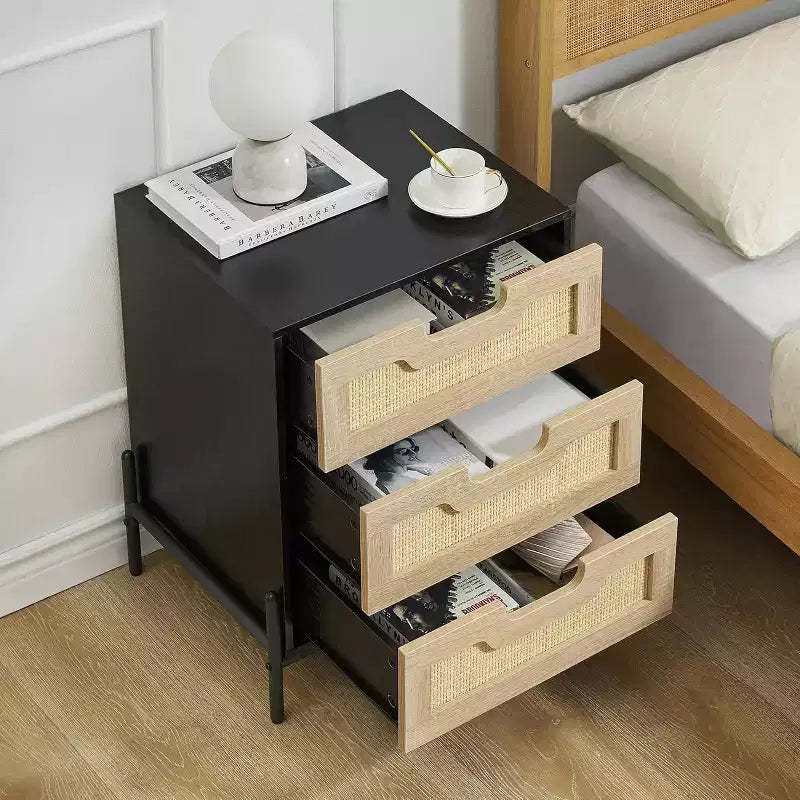 Rattan Nightstand with 3 Drawers, Farmhouse End Table & Dresser Cabinet with Metal Legs, Organizer for Living Room, Bedroom, Hallway