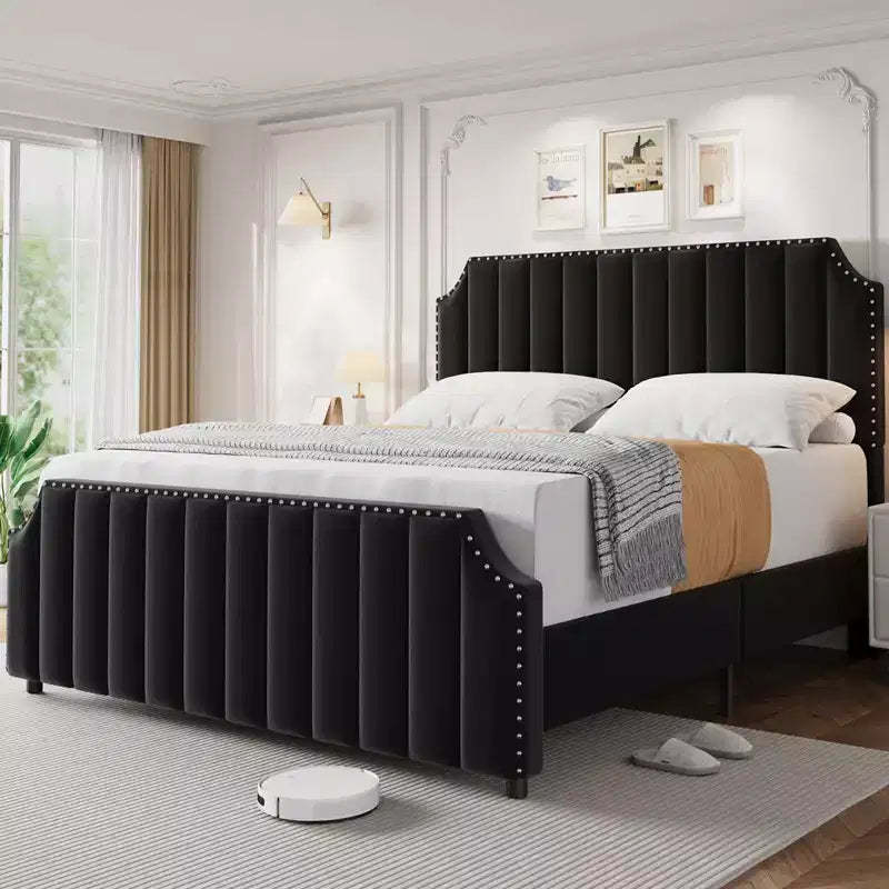 Black Velvet Bed Frame  50.2 Channel Tufted Headboard, Upholstered Platform with Wooden Slats, No Box Spring Needed