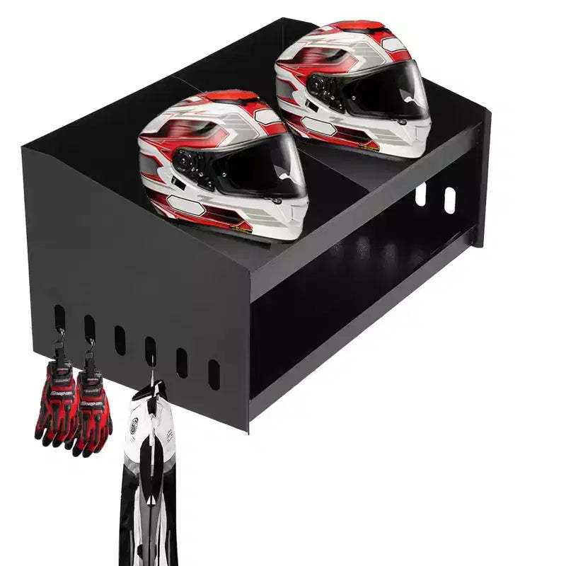 Wall-Mounted Helmet Rack, Aluminum Double Helmet Holder with Hooks for Hanging Clothes, Helmet Stand Storage Cabinet Organizer for Garage Shop Use