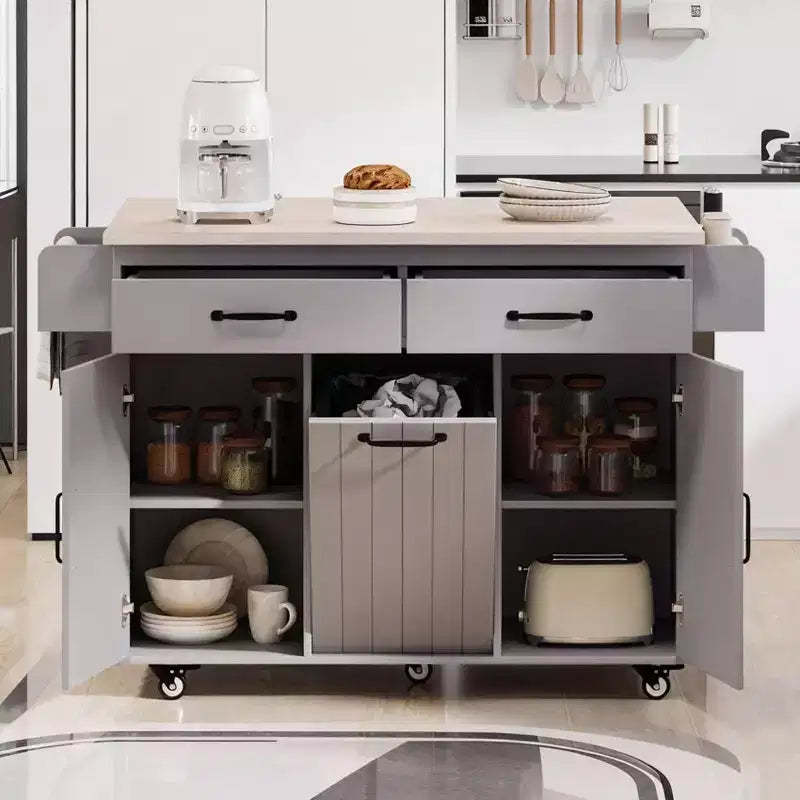 Kitchen Island Cart with Trash Can Storage, Drop-Leaf Counter, Drawer, Spice & Towel Racks, Adjustable Shelf, Rolling Kitchen Cart on Wheels, White