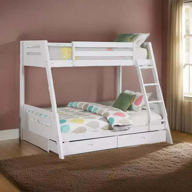 Royal Hamton Twin Over Full Bunk Bed with Ladder, 2 Drawers, White Solid Wood