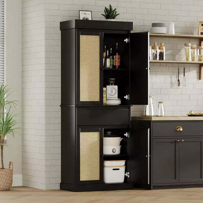 69 Tall Storage Cabinet with Rattan Doors & Adjustable Shelves, 4-Door Freestanding Cupboard with Drawer for Living Room, Home Office, Dining  Black