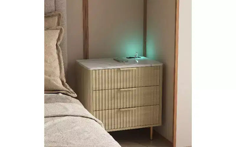 TUYOHW Modern Nightstand with Charging Station & Voice-Controlled Night Light, Multi-Storage Side Table with Storage Cabinet for Bedroom
