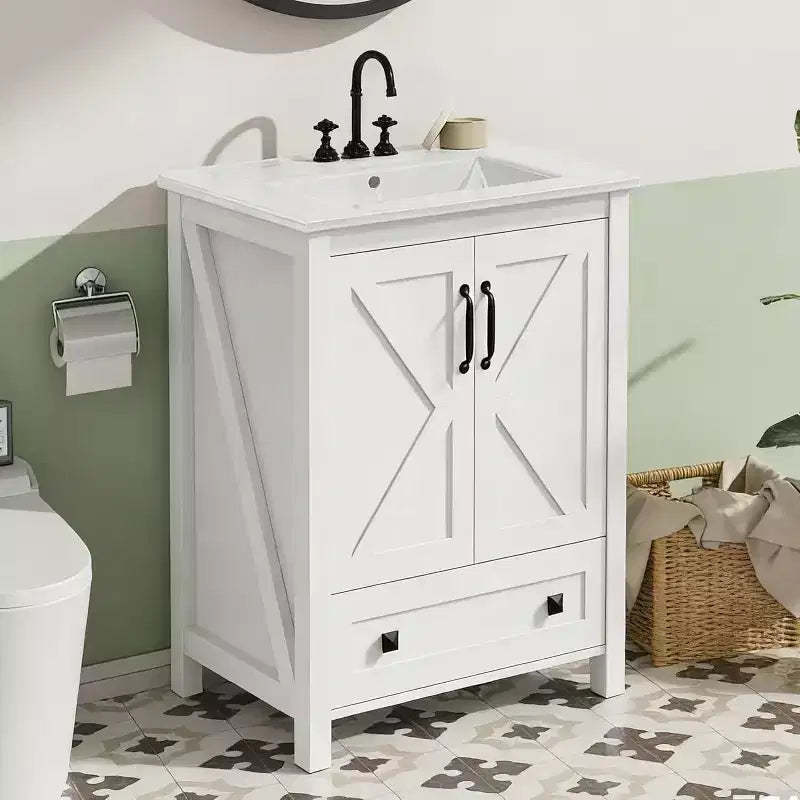 24/30 Vanity with Ceramic Sink, Modern Bathroom Vanity with 2 Doors and 1 Storage Drawer, Freestanding Bathroom Cabinet
