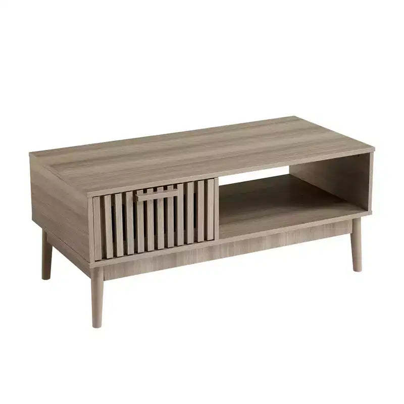 Acekool 39.4 Coffee Table with Drawer and Open Shelf, Mid Century Modern 2 Tier Rectangle Center Table for Living Room