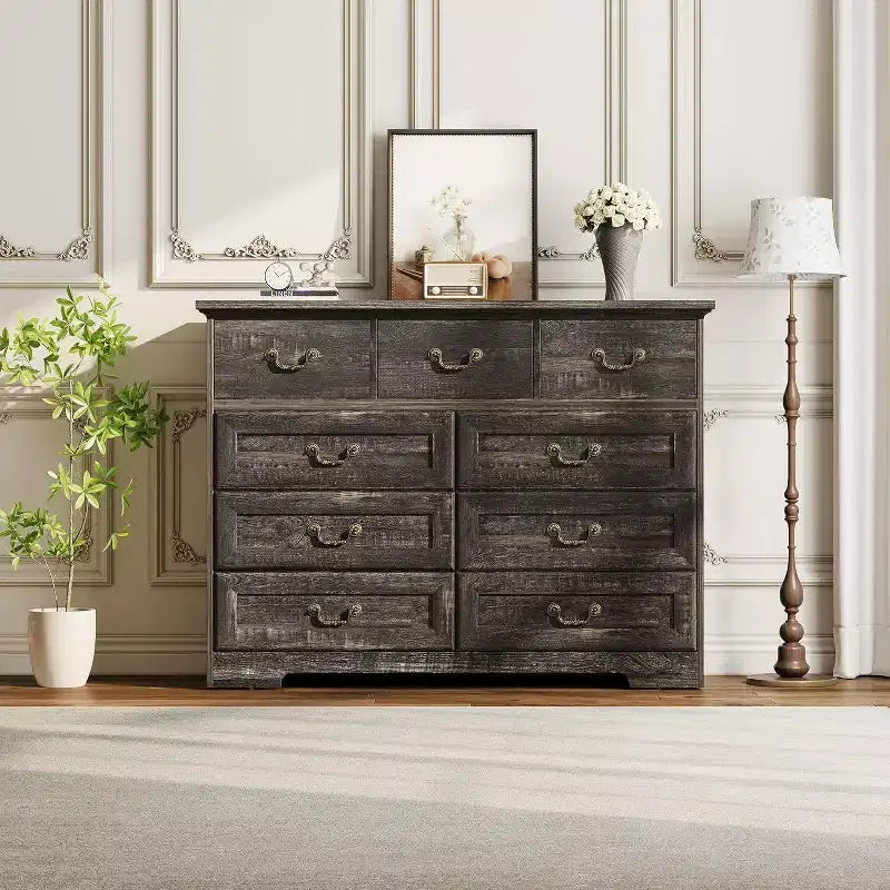 Farmhouse 9-Drawer Dresser for Bedroom- Vintage Rustic Wood Chest for Clothes & Essentials, Versatile Organizer for Bedroom, Living Room & Hallway