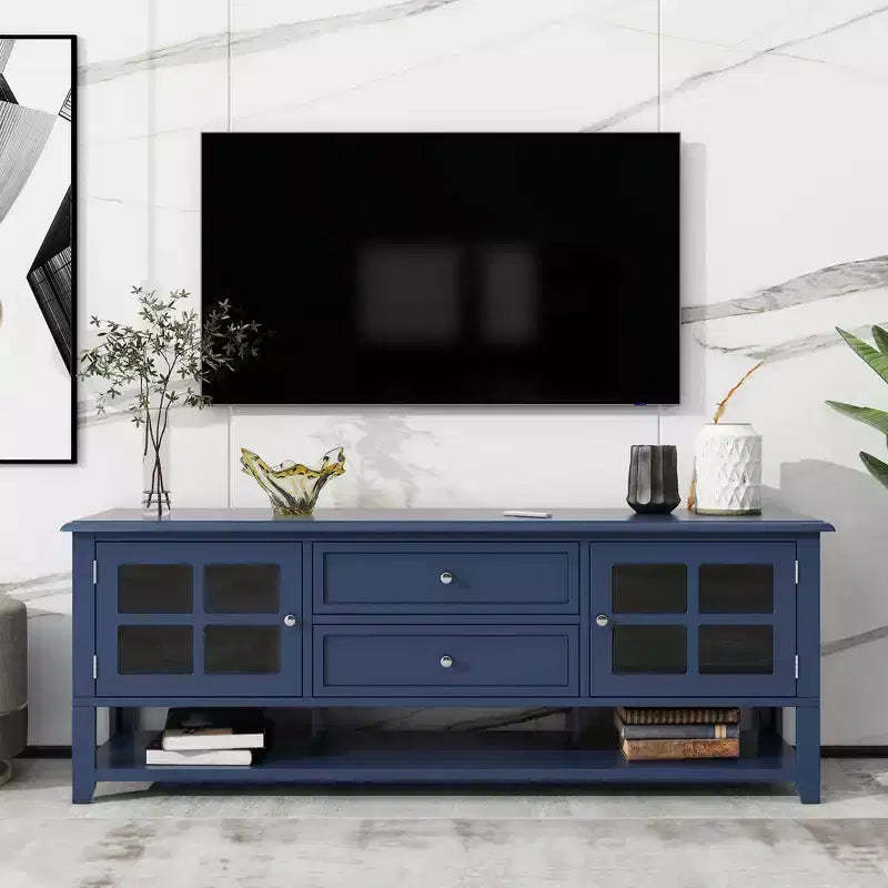 JVNOXK Mid-Century TV Stand with 2 Glass Doors & 2Drawers, Minimalist Entertainment Center for TVsUp to 60', Sturdy Console for Living Room &Bedroom
