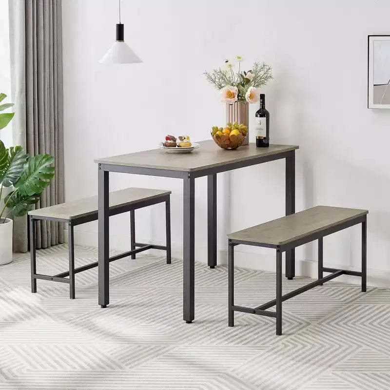 3 Piece Dining Table Set, Dining Room Table Set with 2 17.4 h Benches, Steel Frames, Industrial Bar Table Set, Dining Table Set