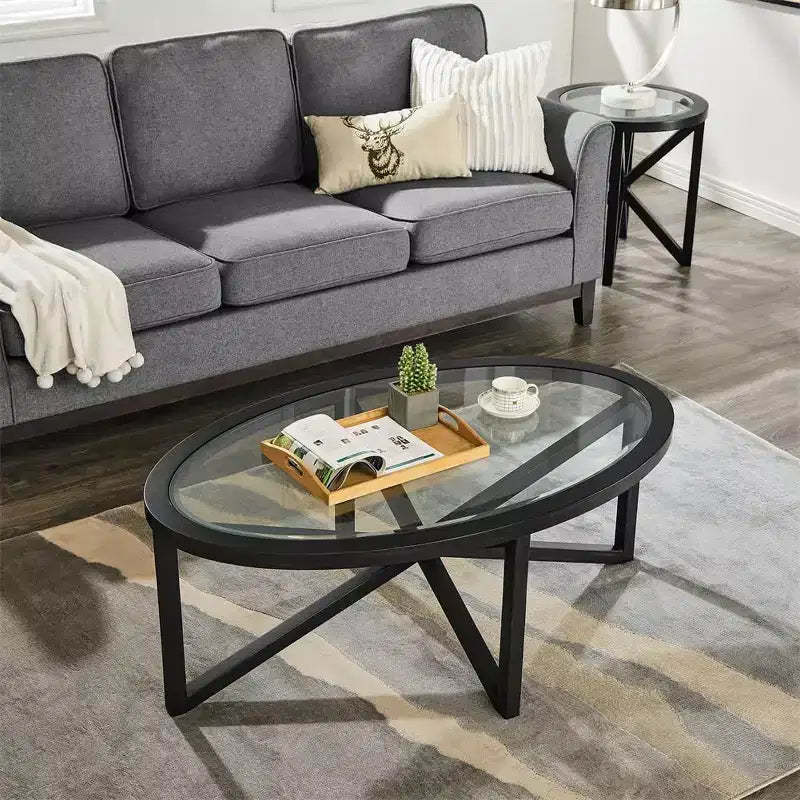 Coffee Table, Round Glass Coffee Table with Tempered Glass Top, Wood Tripod, Anti-Scratch Small Center Table for Living Room Office Apartment