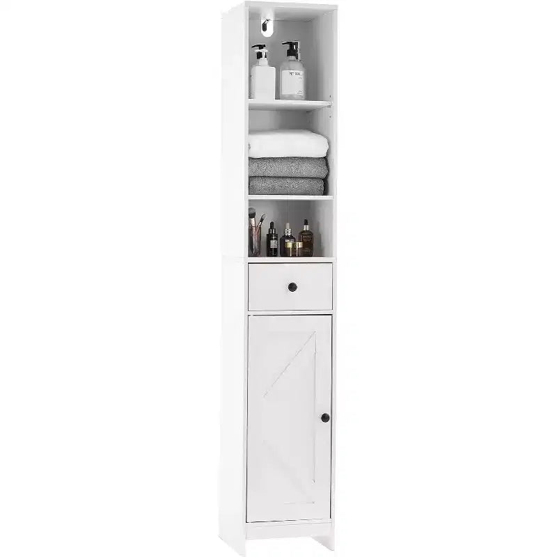 Tall Bathroom Storage Cabinet, Narrow Slim Freestanding Cabinet with 2 Barn Doors & 1 Drawer with Adjustable Shelves for Kitchen,Bathroom