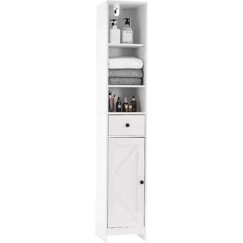 Tall Bathroom Storage Cabinet, Narrow Slim Freestanding Cabinet with 2 Barn Doors & 1 Drawer with Adjustable Shelves for Kitchen,Bathroom