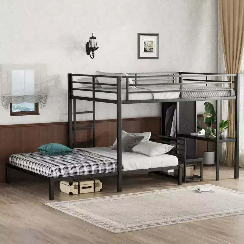 Queen Bunk Bed with Desk, Wardrobe & Storage Drawer Under Bed, Space Saving Study Loft Bed for Small Rooms