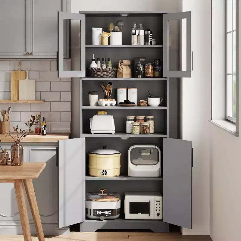 67Inch Storage Cabinet with Glass & Wood Doors, 6-Shelf Modern Cupboard with Adjustable Shelves for Kitchen Pantry, Living Room, Bookcase,Bathroom