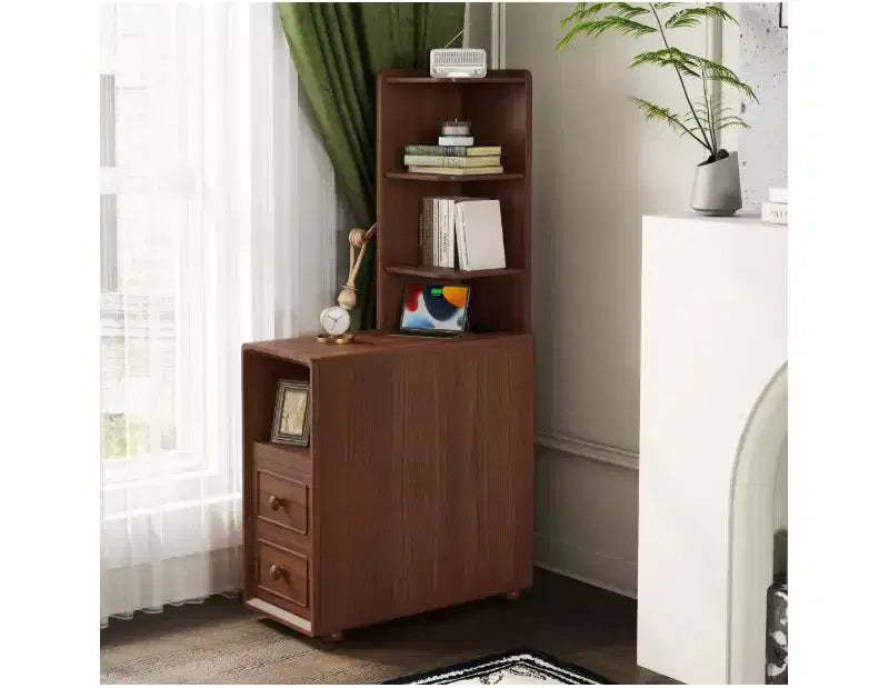 47.2 Tall Walnut Nightstand, Charging Station, Drawers & Open Shelves, Narrow Side Table for Small Spaces, Living Room, Bedroom