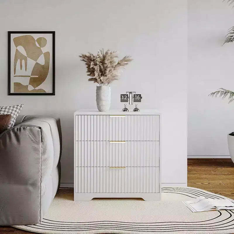 27 Inch Wide White Nightstand 3 Drawers Modern Fluted Wood Bedside Table Large Storage Accent Cabinet Dresser For Bedroom Living Room Home Furniture