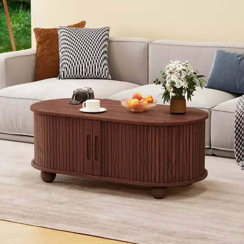 GDFStudio Laura Rustic Wooden Storage Coffee Table with Strip Sliding Door
