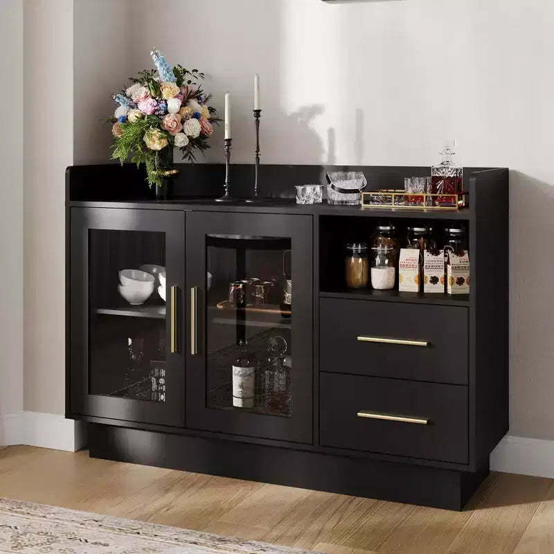 COZONY Glass Door Storage Cabinet, Freestanding Display Cabinet w/ Drawers for Living Room & Dining Room