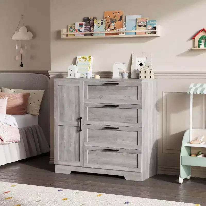 Wood Armoire Wardrobe Closet with 4 Drawers and Door, 43.3 H Bedroom Wardrobe Cabinet with Hanging Rod, Clothing Storage Cabinets
