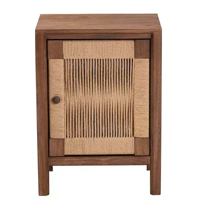 GDFStudio Satoshi Bohemian Wooden Nightstand with Shelf and Rope Webbing Door