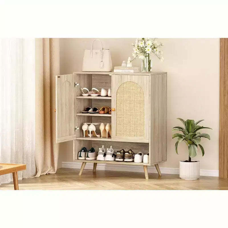 Shoe Rack Organizer,4-Tier Shoe Storage Cabinet with Adjustable Shelves,Wooden Shoe Storage Organizer,Slim Thin Shoe Rack for Hallway, Living Room