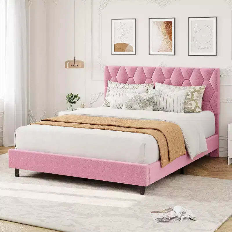 Queen Size Bed Frame with Velvet Upholstered Headboard,Heavy-Duty Platform Bed Frame with Strong Wood Slats, No Box Spring Needed