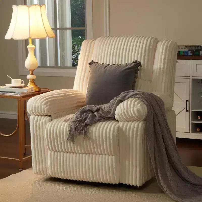 Corduroy Recliner Chair, Manual Recliner Sofa, Thick Padding, Side Pocket, 330Lbs Capacity, Recliner for Living Room, Bedroom, Home Theater, White